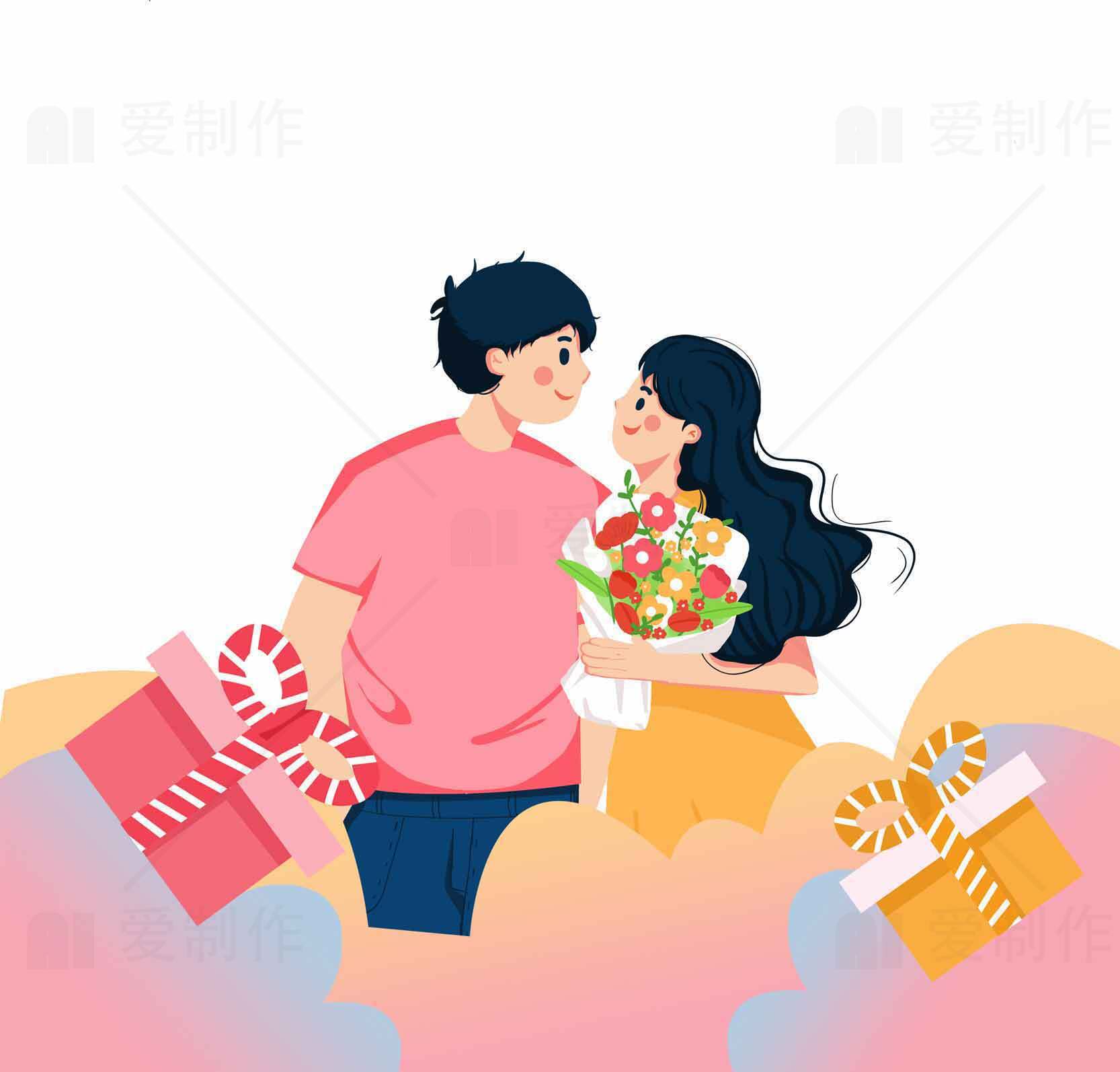浪漫情侣礼物场景插画设计素材